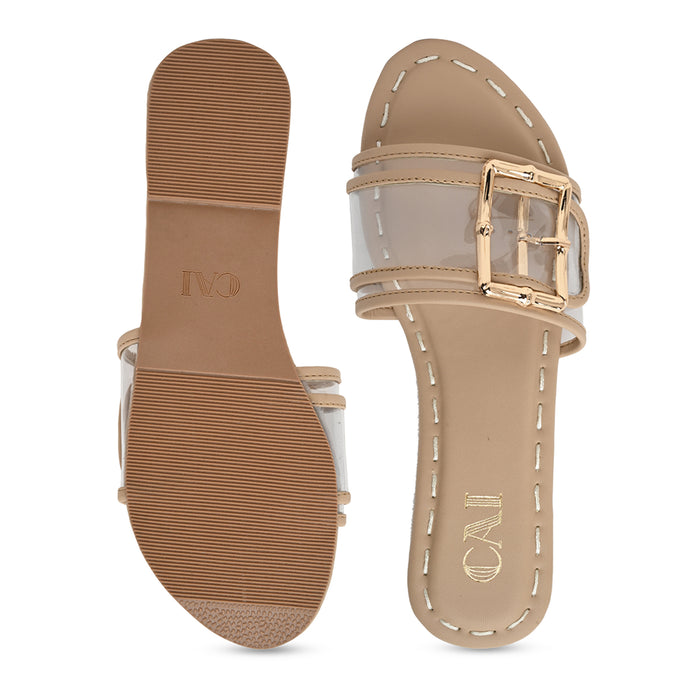 Clear Buckle Beige Flats
