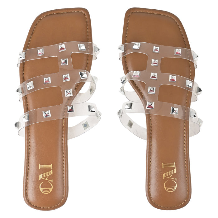 Clear Strap Tan Studded Flats