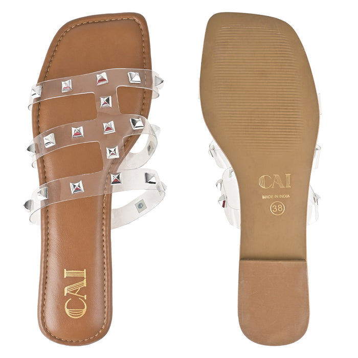 Clear Strap Tan Studded Flats