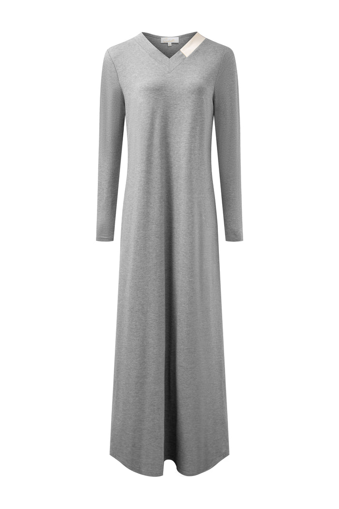 Gray heather long-sleeve V-neck nightgown with contrast neckline band
