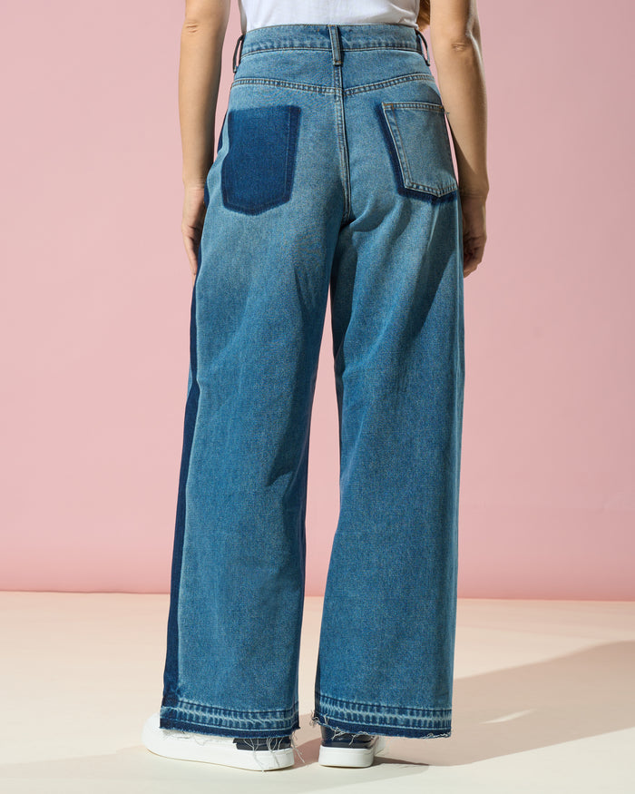 Contrast Wide-Leg Denim Jeans