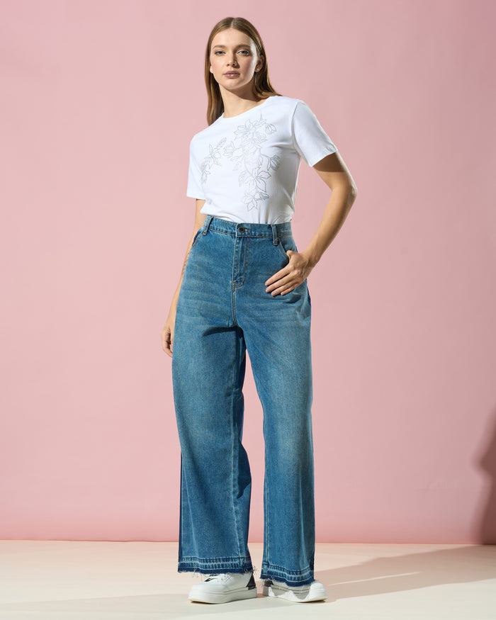 Contrast Wide-Leg Denim Jeans