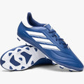 A pair of new Adidas Copa Pure 2.4 Fxg soccer cleats in blue with white stripes, shown resting on a white surface, ready for