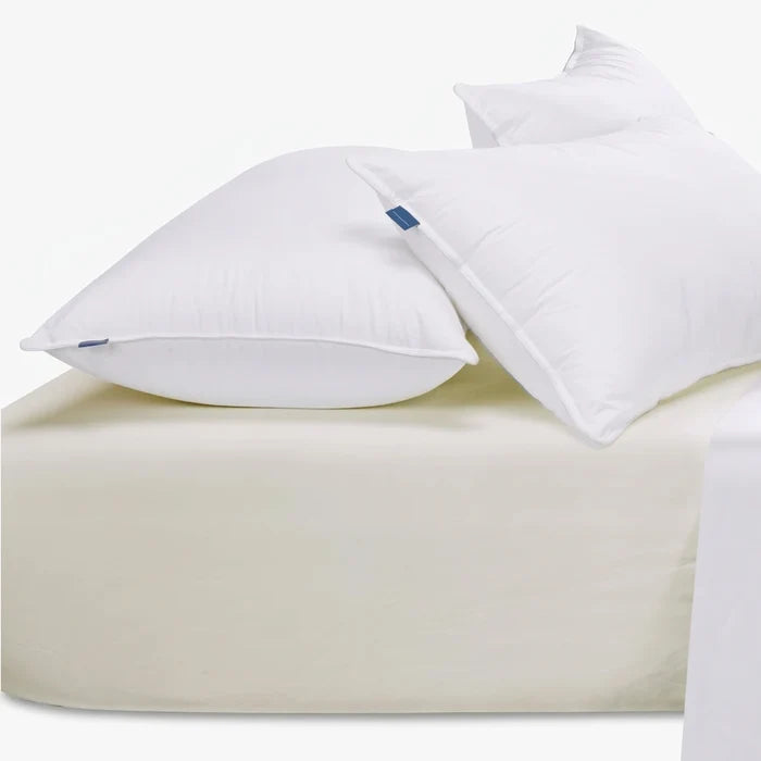 Cotton Co 400 Thread King Fitted Sheet in cream, displayed with two white pillows on a bed.