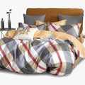 Cotton Co Amsterdam T200 Queen Duvet Cover set with a grey, white, red, and beige plaid pattern, styled on a bed.