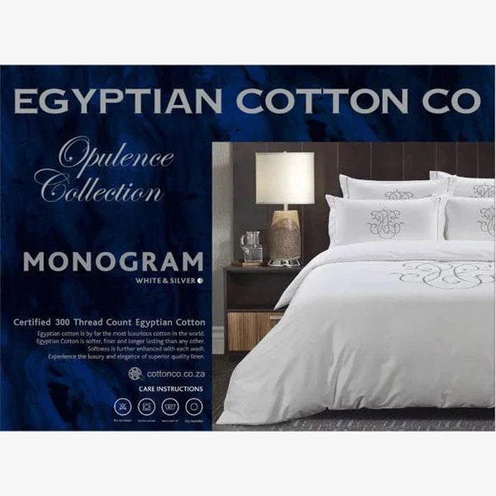 Cotton Co Opulence Monogram Queen Duvet Cover Set in white and gray with an embroidered monogram detail