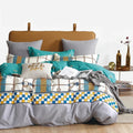 Cotton Co T200 Printed King Duvet Cover Valentina with blue, yellow, and white checkered pattern and chain motif in a