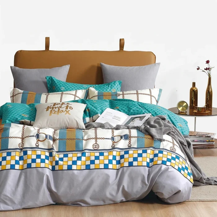 Cotton Co T200 Printed King Duvet Cover Valentina with blue, yellow, and white checkered pattern and chain motif in a
