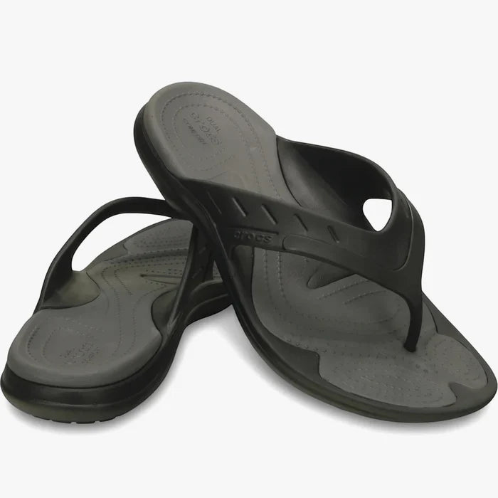 A pair of Crocs Men's Modi Sport Flip Sandals in black with grey footbeds, offering comfortable and casual footwear.
