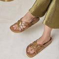 Cross Strap Gold Trim Tan Slider