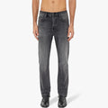Diesel Mens 2020 D Viker regular fit mid waist straight leg jeans in washed black, shown on a model.