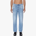 Diesel Mens 2020 D Viker regular fit mid-waist straight leg jeans in a light blue stone wash, modeled standing.