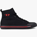 Black Diesel S-Athos Mid high-top sneaker for men, featuring a black canvas upper, red D-logo, red midsole stripe, and black
