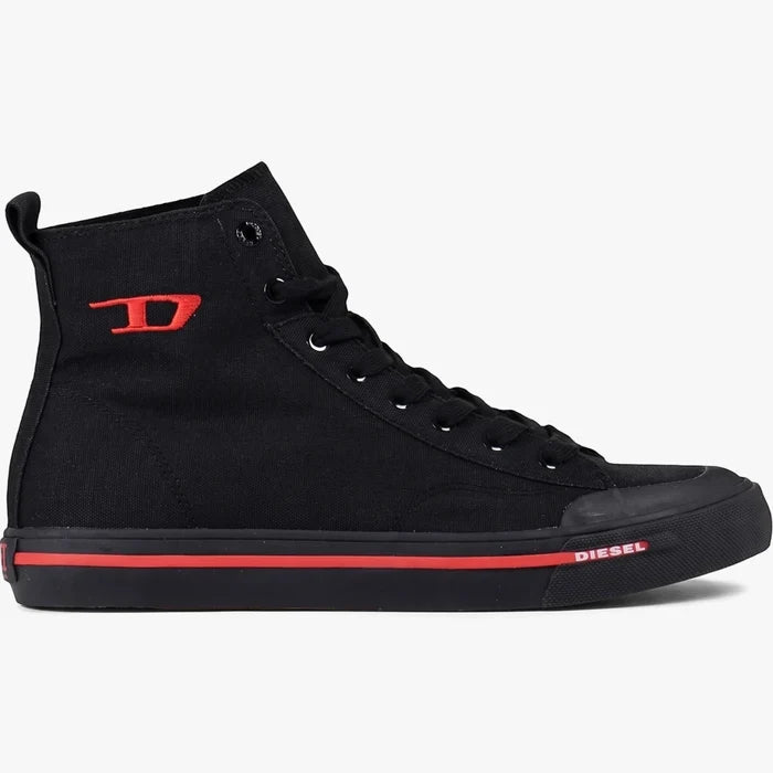 Black Diesel S-Athos Mid high-top sneaker for men, featuring a black canvas upper, red D-logo, red midsole stripe, and black