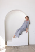 Gray long-sleeve heart lounge nightgown, loose fit with wide-leg pants