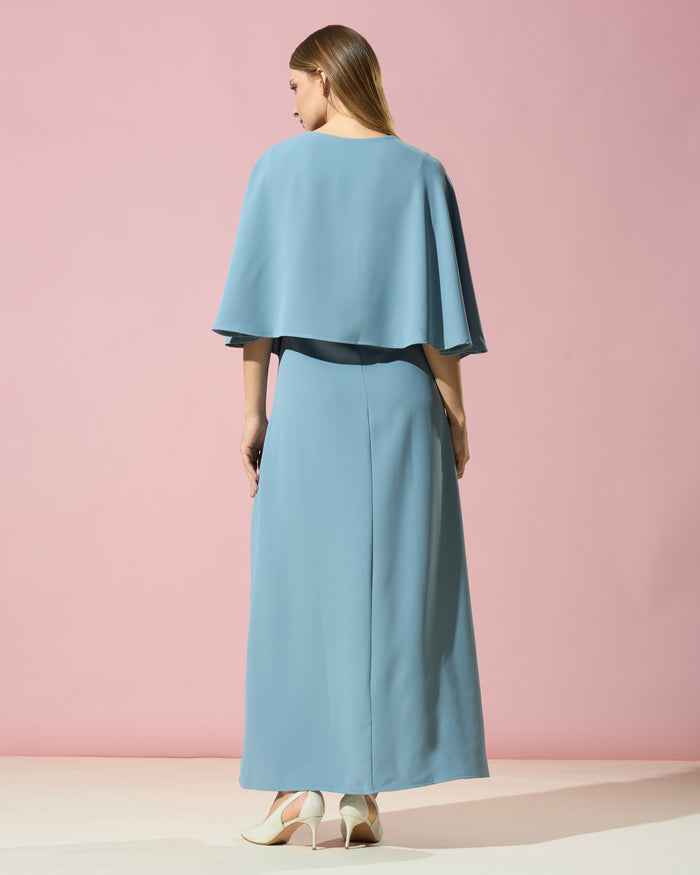 Dusty Blue Cape Overlay Dress