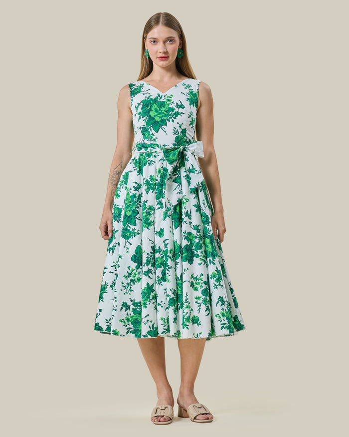 Emerald Floral Belted Midi Dress