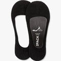 A flat lay image of a two-pack of black men's Falke Invisibles no-show socks, showing branding on a transparent insert.
