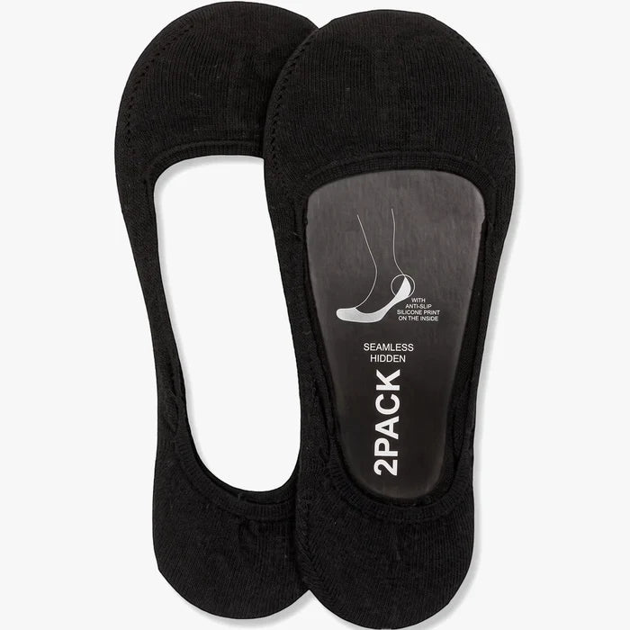 A flat lay image of a two-pack of black men's Falke Invisibles no-show socks, showing branding on a transparent insert.