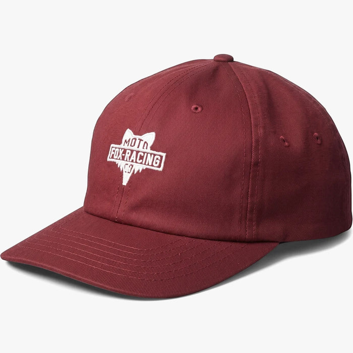 Fox Mens Lowdown Dad Cap in Bordeaux, featuring a white Moto Fox Racing logo embroidered on the front.