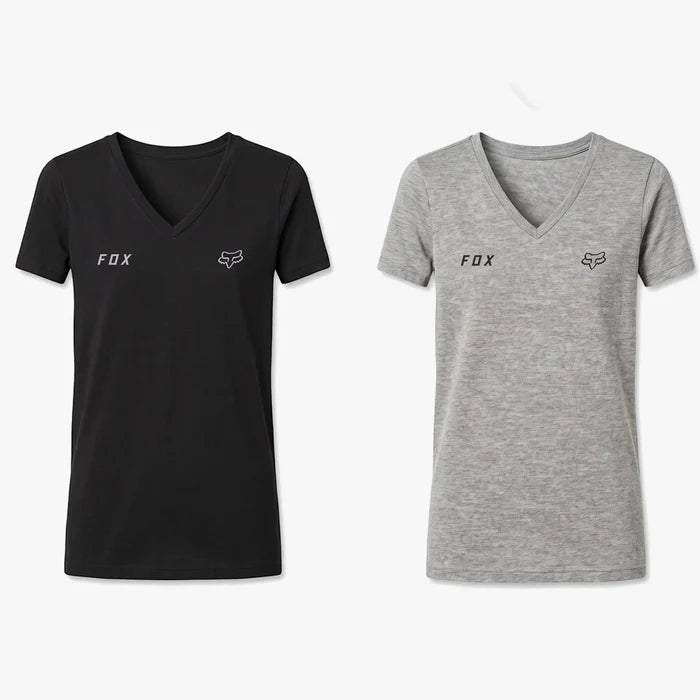 Two Fox women's Starter V-neck short sleeve tees in black and heather grey, laid flat side-by-side.