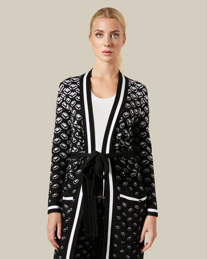 Geometric Patterned Belted Cardigan