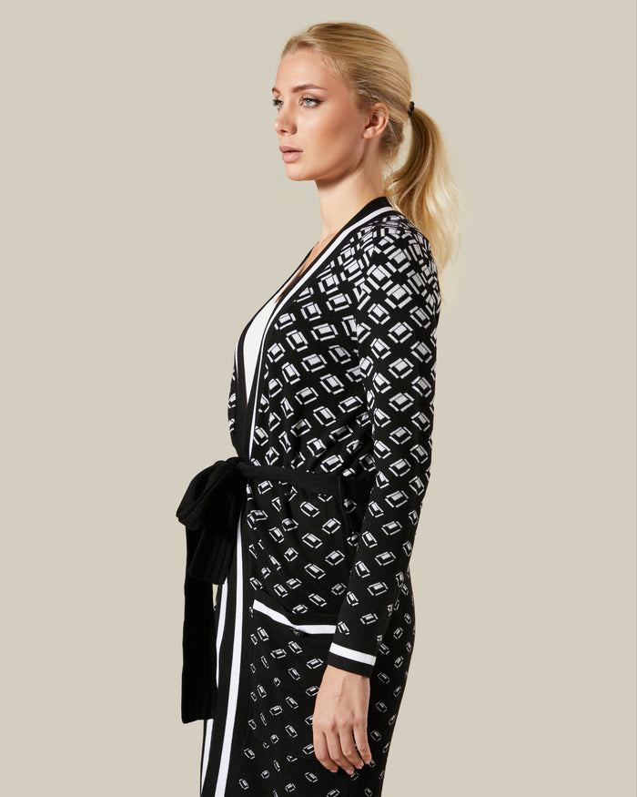Geometric Patterned Belted Cardigan