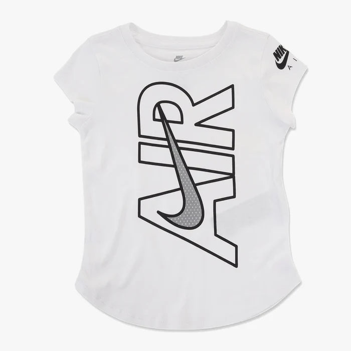 White Nike Girls Air Graphic short sleeve tee featuring a large black 'AIR' logo with a gray textured swoosh.