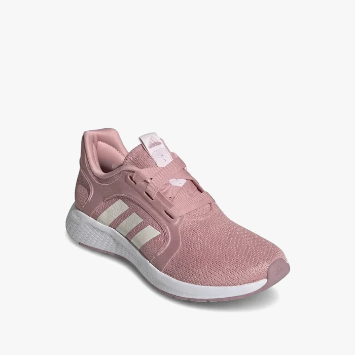 Pink adidas Girls Edge Lux 5 sneaker featuring white stripes, shown in a side view on a clean white background.