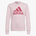 Pink adidas Girls Essential Sweater for girls, featuring a large dark pink adidas Badge of Sport logo on the chest, flat lay