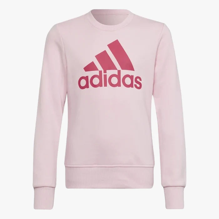 Pink adidas Girls Essential Sweater for girls, featuring a large dark pink adidas Badge of Sport logo on the chest, flat lay