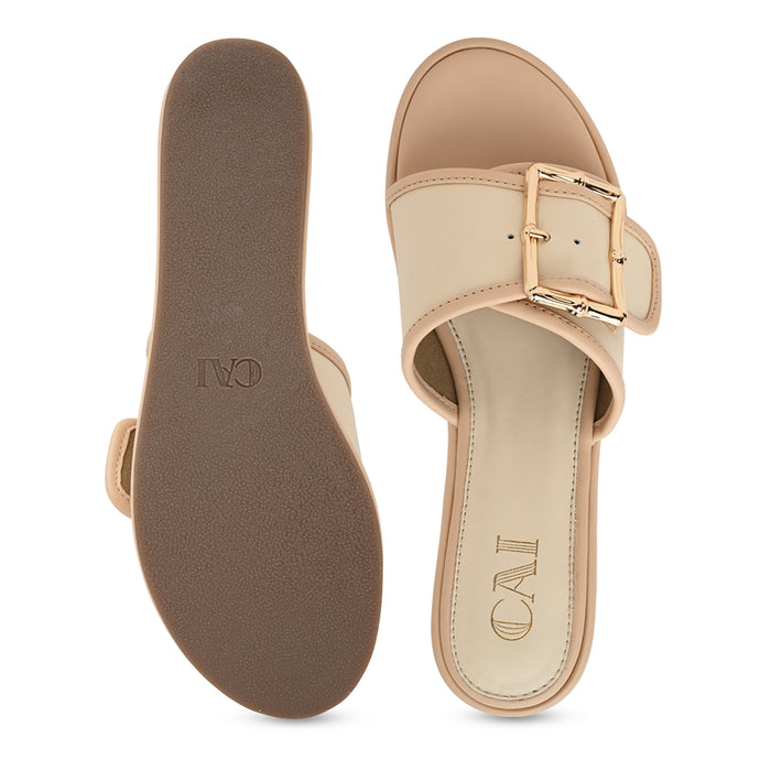 Gold Buckled Beige Wedges