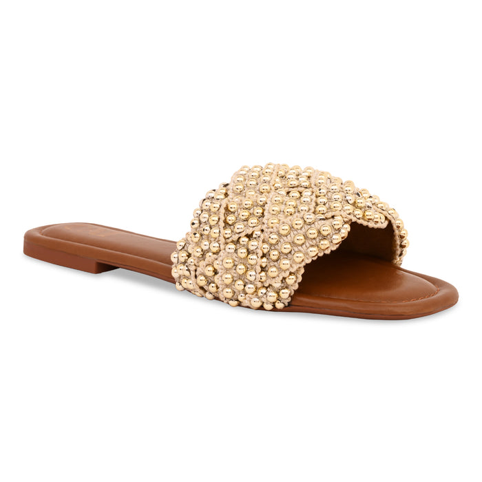 Gold Studded Lace Tan Flat