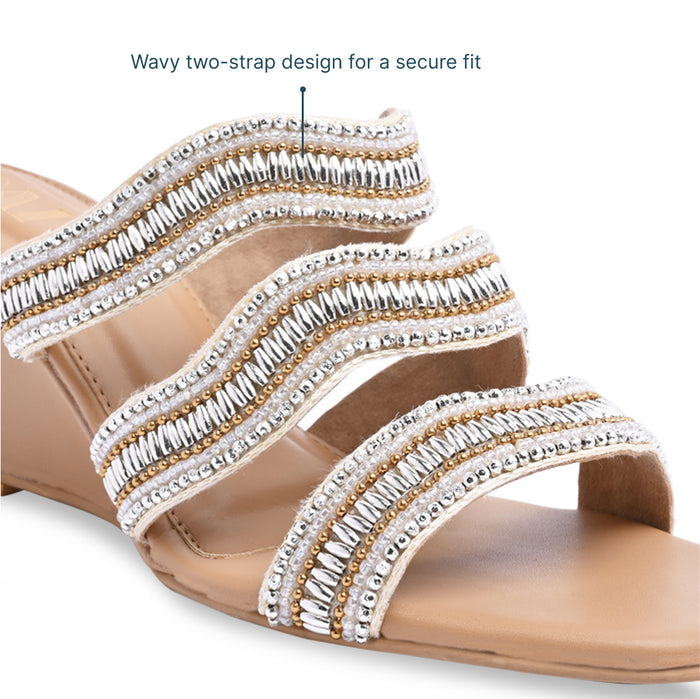 Gold Wavy Beaded Nude Wedge