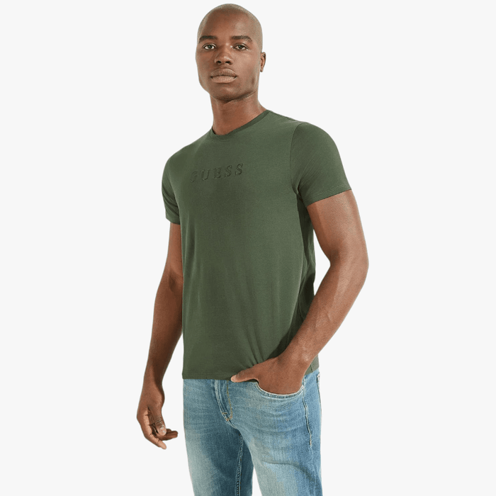 Guess Mens Ess Pima Logo Crew Short Sleeve Tee Dark Green | Guess