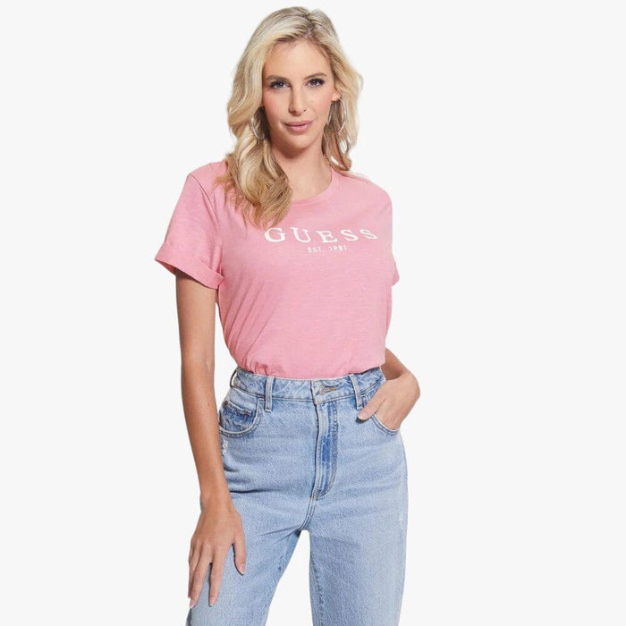 Guess Womens 1981 Roll Cuff Short Sleeve Tee Medium Pink | Guess