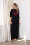 Black long-sleeve nightgown with red heart graphic on front