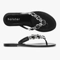 A pair of black Holster Womens Embellish thong sandals with silver and black jewel accents, shown from an overhead and side