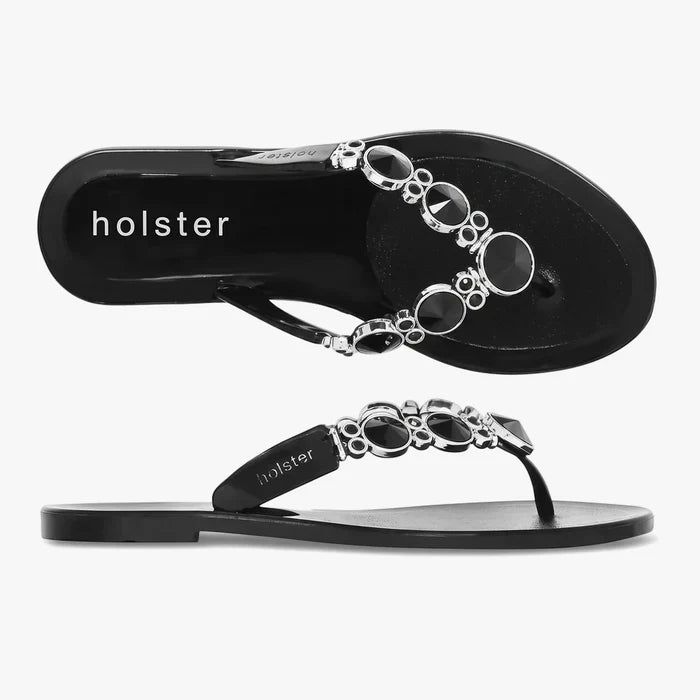 A pair of black Holster Womens Embellish thong sandals with silver and black jewel accents, shown from an overhead and side