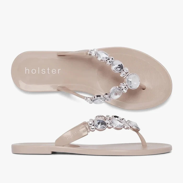 Champagne Holster Womens Embellish Sandals. Jelly thong sandals with crystal and bead embellished straps.