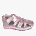 Hush Puppies Girls Infants Lisa Fisherman Sandal in shimmering pink metallic, with flower perforations and velcro straps,