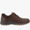 Hush Puppies Men's Alfie brown cow milled nubuck lace-up shoe with a dark sole, viewed from the side.