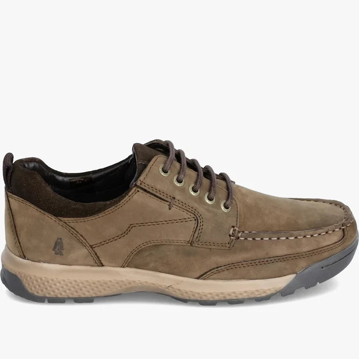 Hush Puppies Mens Pumba Cow Harween Maluchi Leather Shoe in tan, a casual brown lace-up shoe captured from a side view.