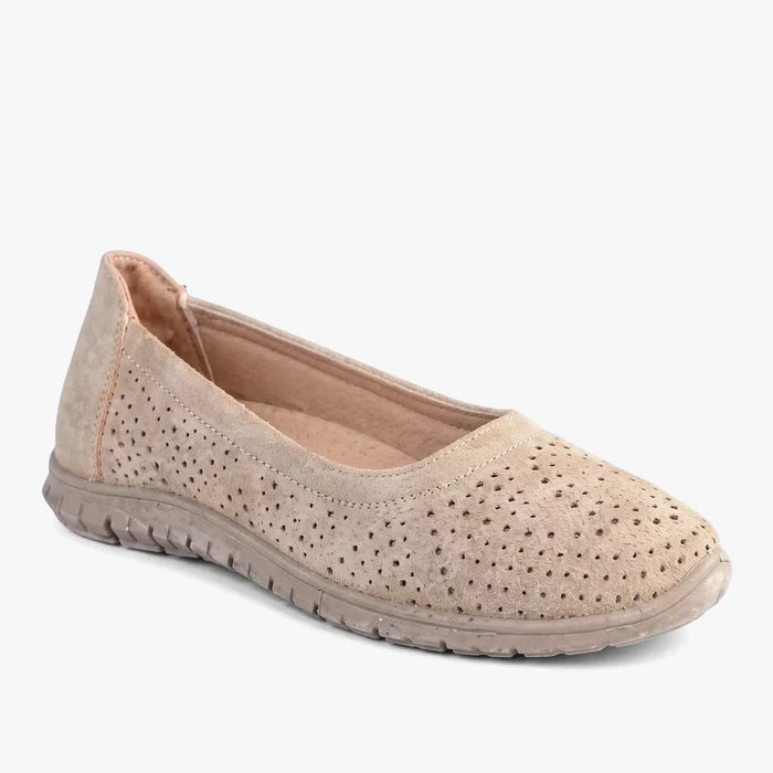 Hush Puppies Women's Natura perforated taupe slip-on shoe with a flexible sole, shown in an angled view.