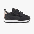 Puma Infants R78 Metallic Sneaker in black with rose gold accents, featuring hook-and-loop straps, side view.