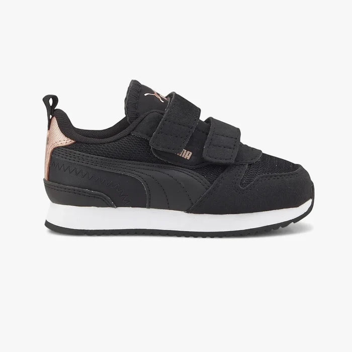 Puma Infants R78 Metallic Sneaker in black with rose gold accents, featuring hook-and-loop straps, side view.