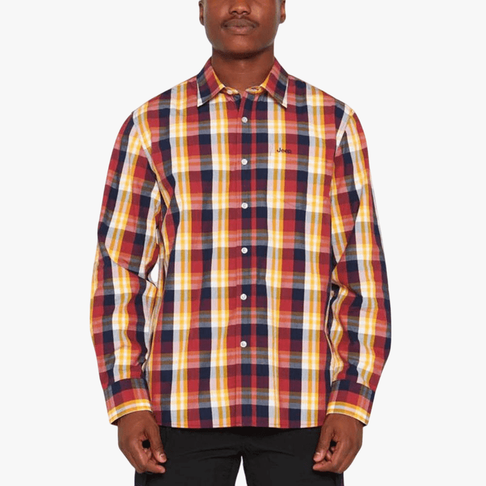 Jeep Mens Yarn Dyed Check Long Sleeve Shirt Burgundy Yellow | Jeep