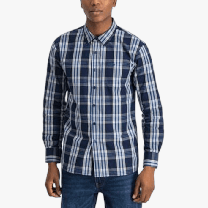 Jeep Mens Yd Check Long Sleeve Shirt Navy Khaki | Jeep