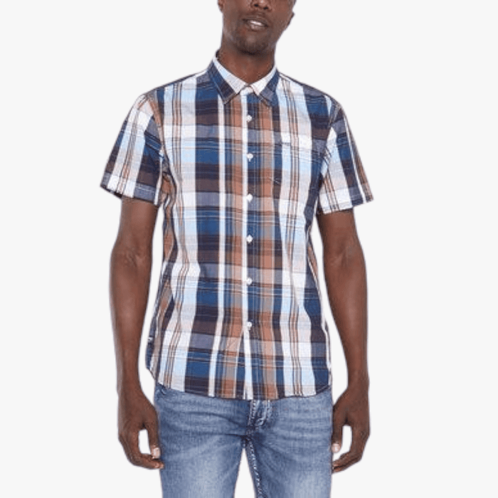 Jeep Mens Yd Check Short Sleeve Shirt Brown Sky | Jeep