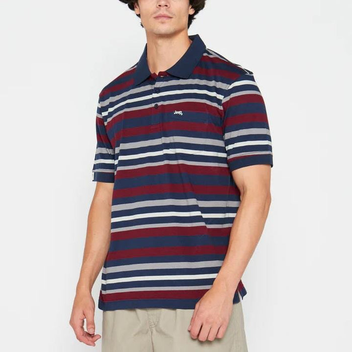 Jeep Mens Yd Stripe Short Sleeve Golfer Elemental Blue Jeep